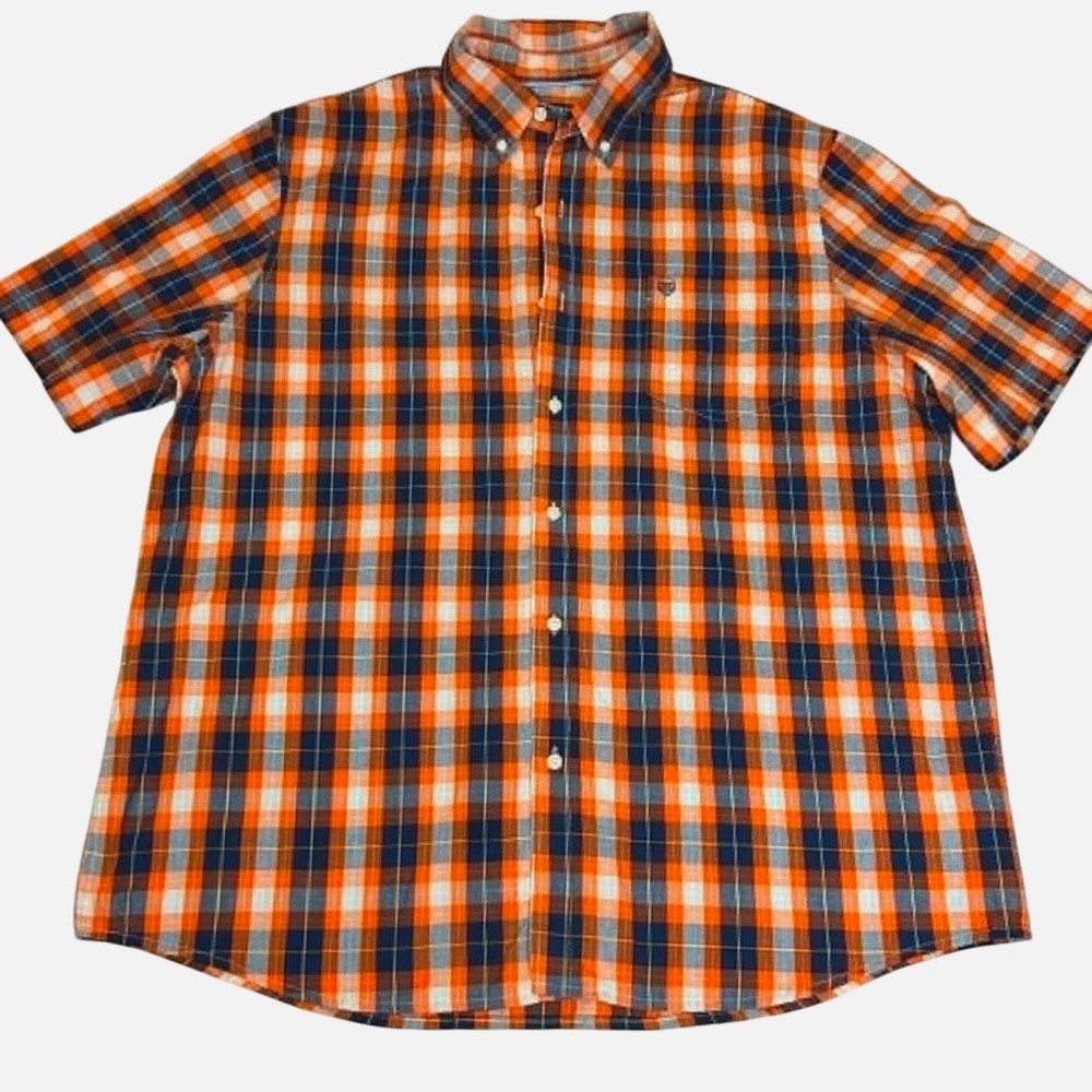 Chaps Mens XXL Easy Care Plaid Button Down Shirt Orange Navy Blue Short Sleeve